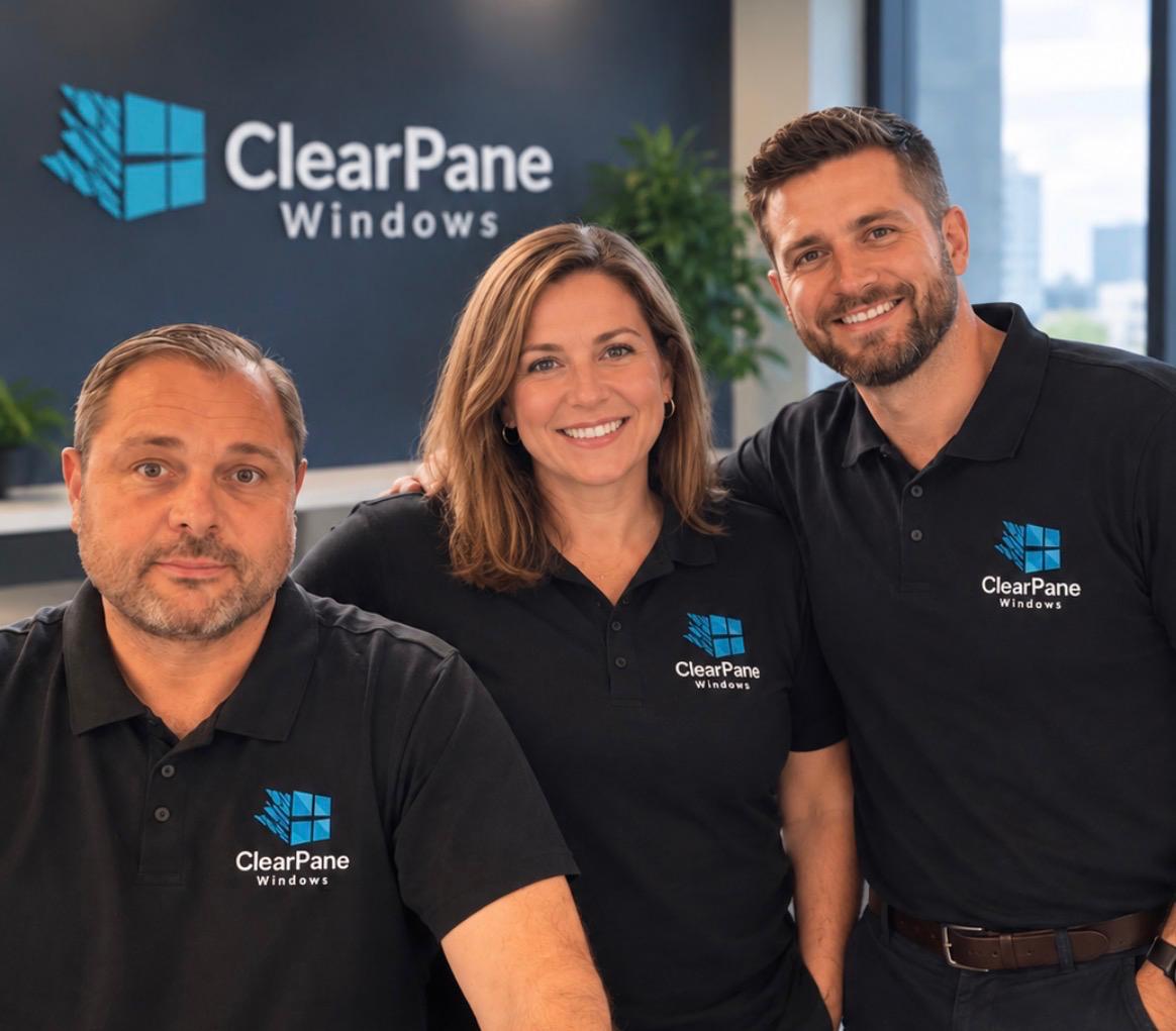 The ClearPane Windows team in branded polos at our Essex office
