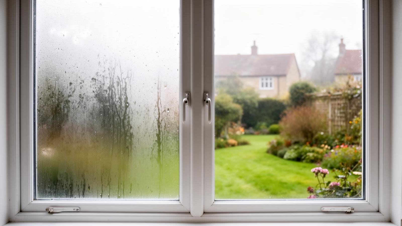 Misty double glazing on the left next to a crystal-clear repaired window on the right - ClearPane Windows, Essex