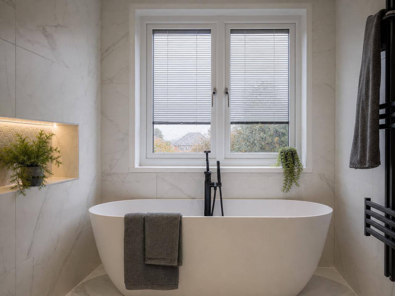 Bathroom with Integral Blinds window above a freestanding bath