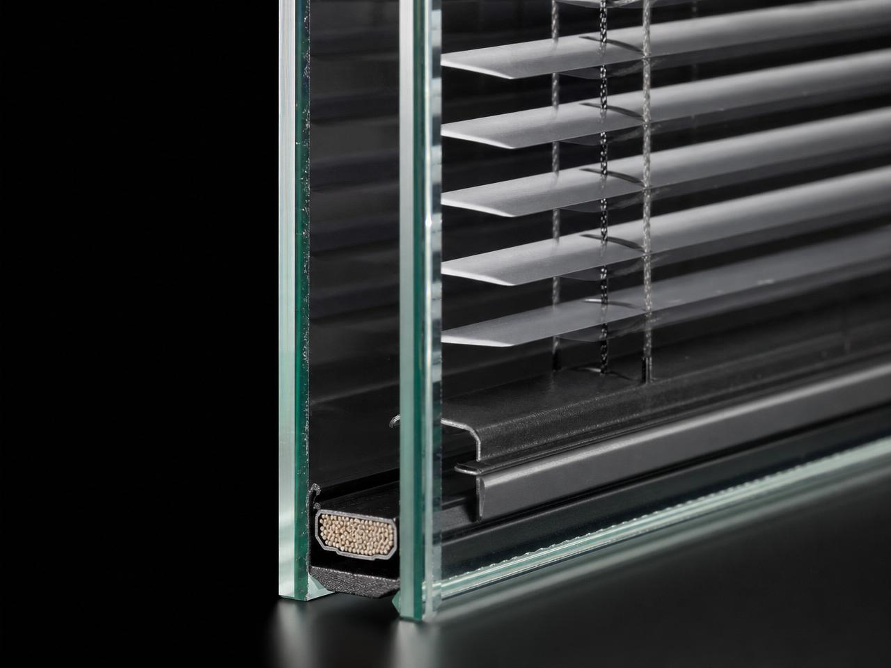 Close-up of a door sealed unit edge showing the spacer bar and integrated blind slats