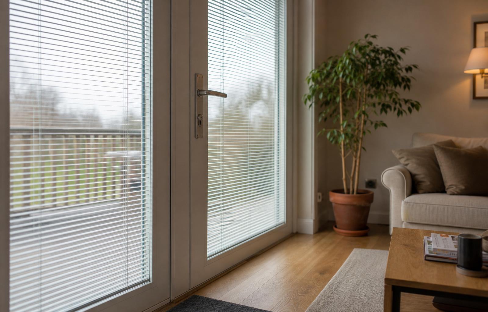 Patio door with integrated venetian blinds sealed between the panes of glass