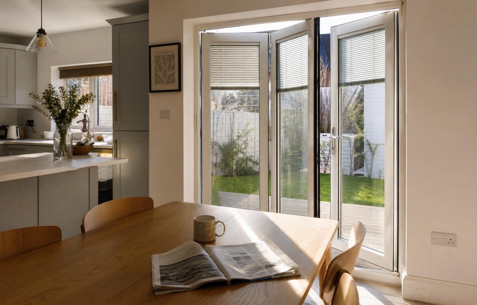 Modern window with integral venetian blinds sealed between the glass panes