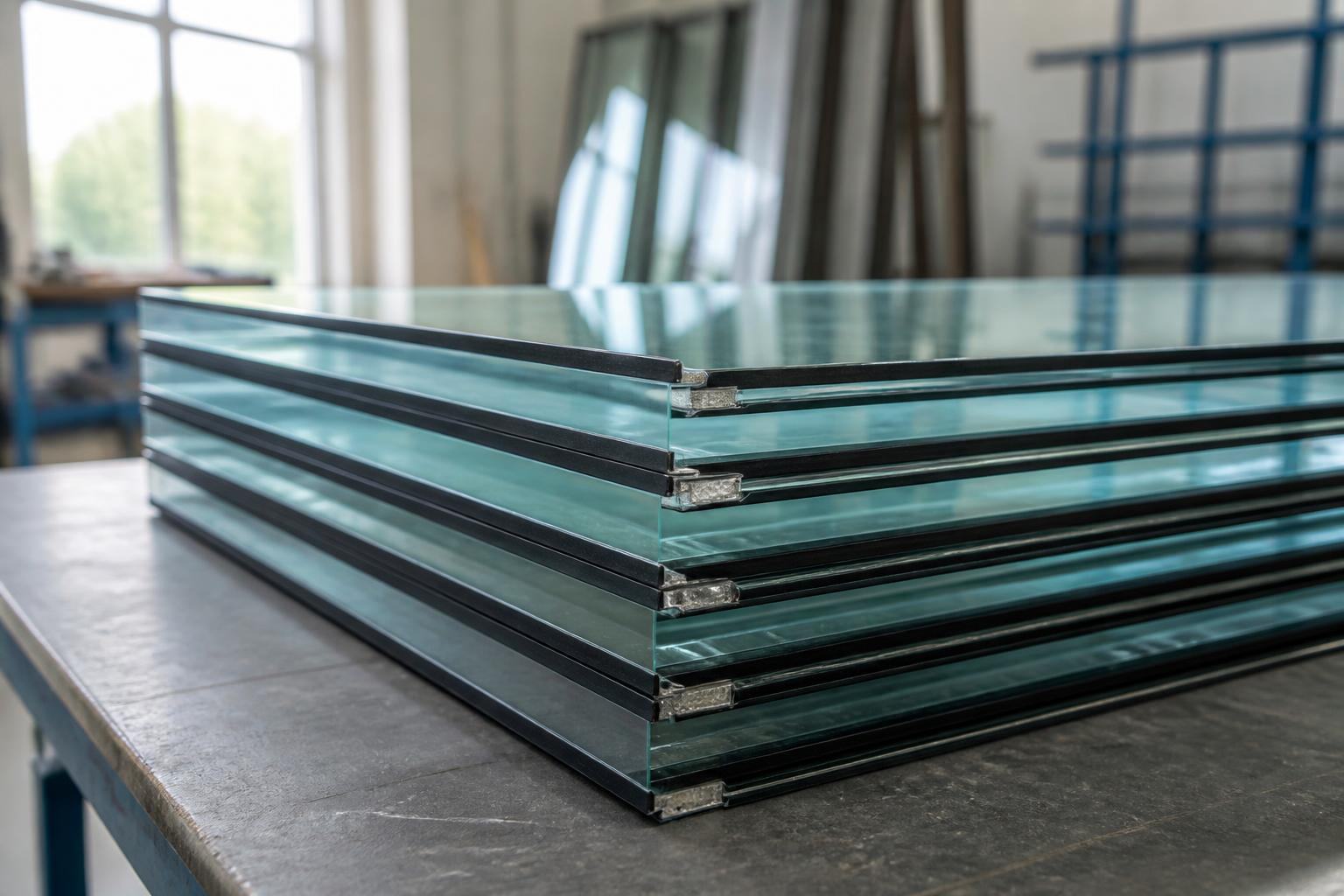 Stack of made-to-measure sealed double-glazed units ready for collection